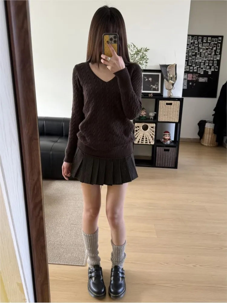 Brown Twisted Flower Sweater Spring Deep V-neck Raw Hem Long Sleeve Pullover Top Vintage Casual Preppy Style Woman's Jumpers