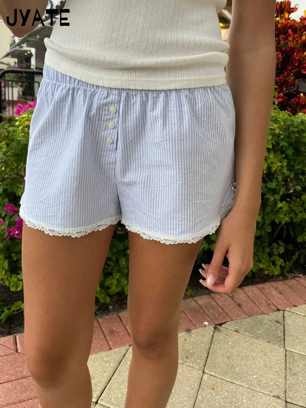 Sweet Pink Striped Button Short Pants Women Summer Cotton Loose Casual Elastic High Waist Home Underwear Cute Vintage Y2K Shorts
