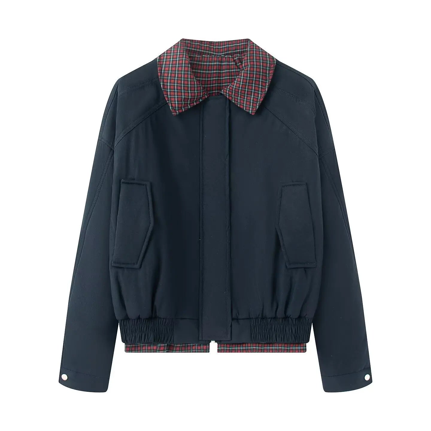 Vintage Internal Red Plaid Zipper Flight Jacket Women Autumn Cotton Warm Thick Stand Collar Jackets Chic Simple Loose Tops Y2K