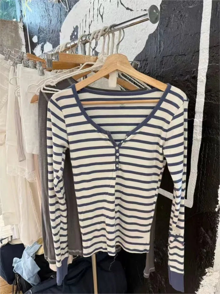 Blue White Striped T-shirt Women Buttons O-Neck Cotton Slim Patchwork Long Sleeve Tee Sweet Cute Preppy Style Tshirt Y2K Top New