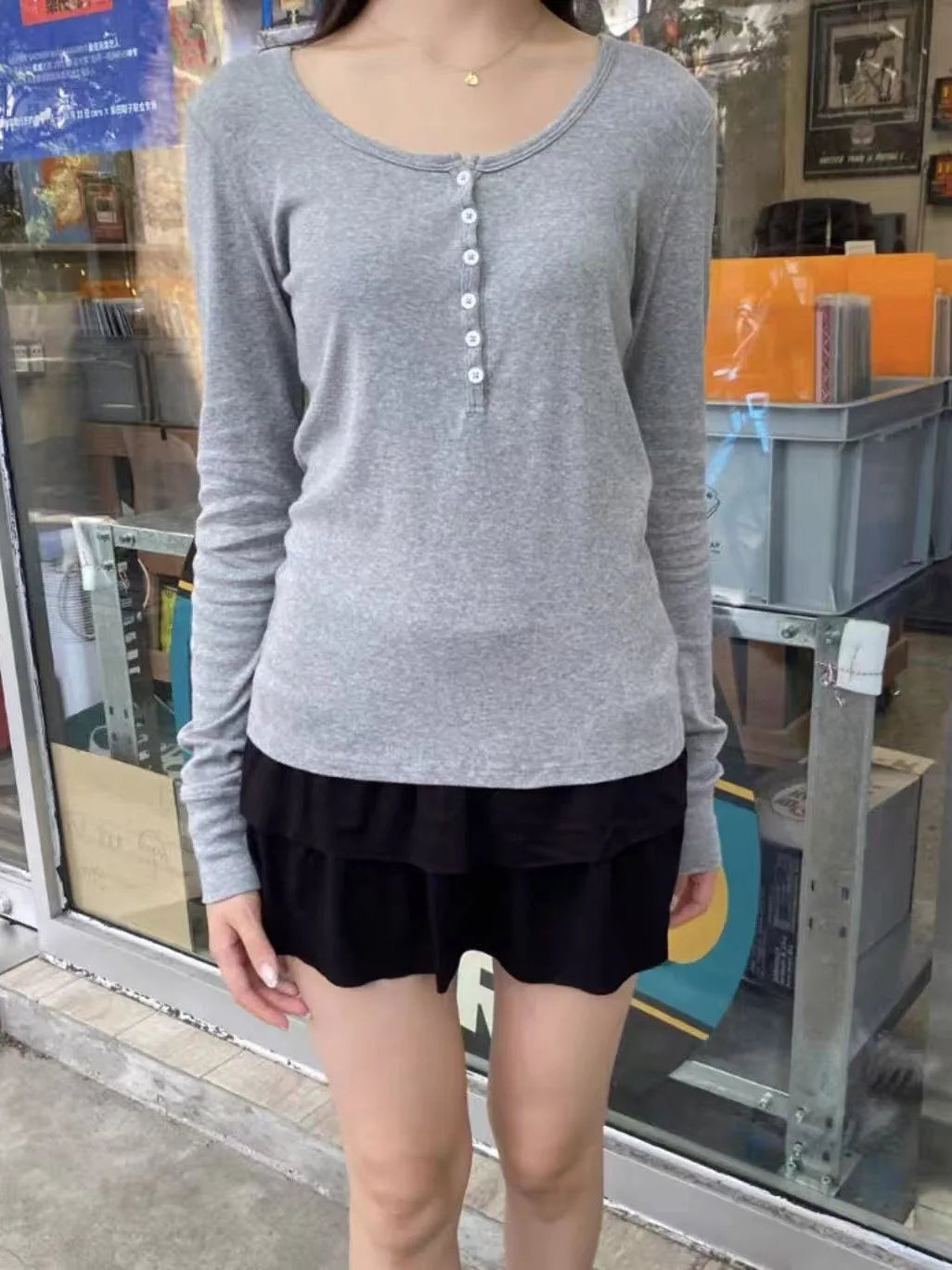 Pink Six Buttons Thin Long Sleeve T-shirts Women Spring Round Neck Cotton Slim Tee Top Female Cute Sweet Tshirt Y2k Tops New