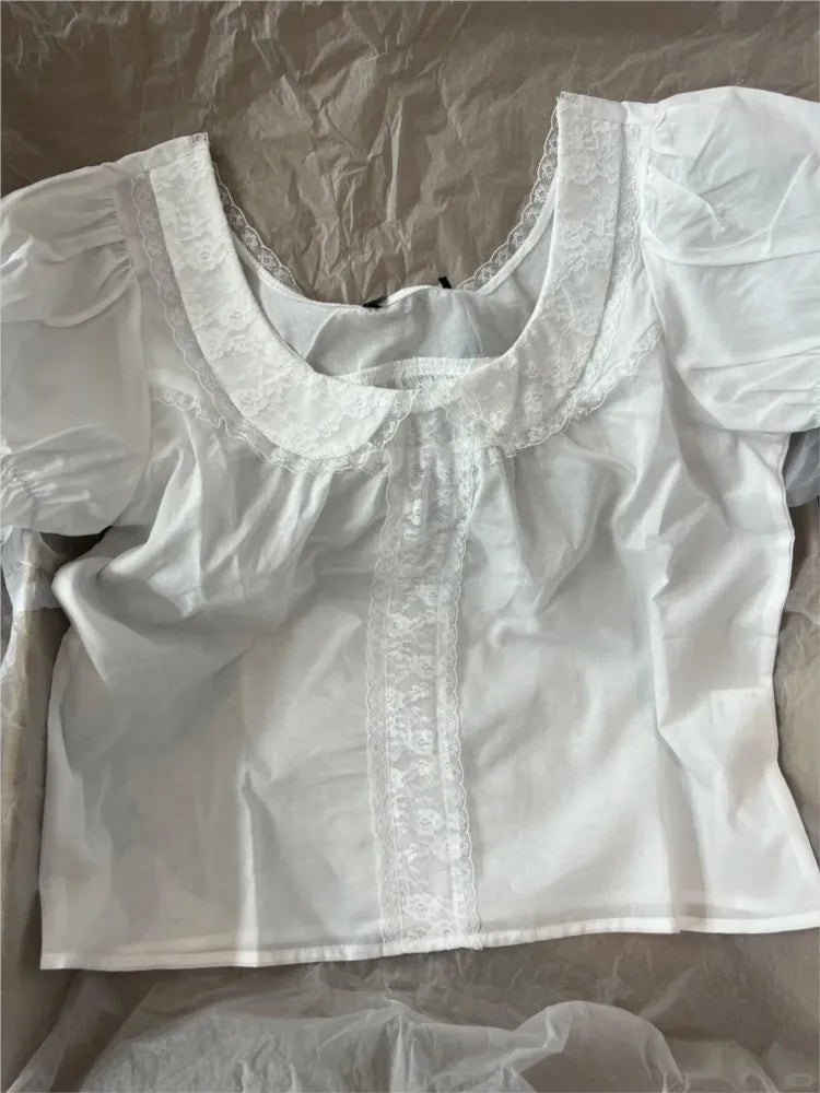 White Lace Buttons Turn-down Collar Blouse Women Cotton Casual Preppy Style Short Sleeve Tees Sweet Cute Preppy Style T-shirts