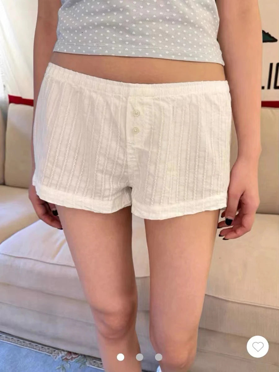 Sweet Pink Striped Button Short Pants Women Summer Cotton Loose Casual Elastic High Waist Home Underwear Cute Vintage Y2K Shorts
