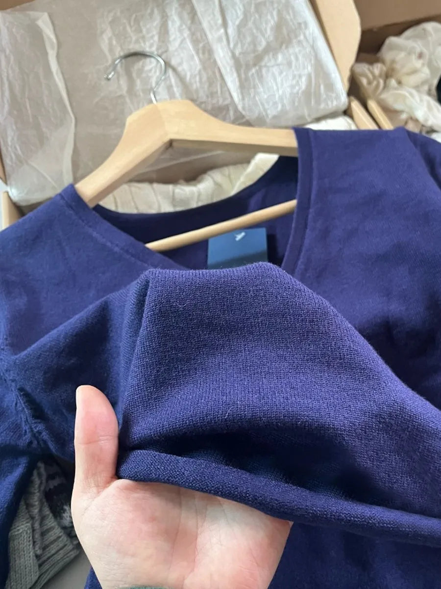New Navy Lace-up Knitted Long Sleeve T-shirt Cardigan Women Autumn V-neck Casual Smock Wrap Tees American Vintage Crop Tops Y2K