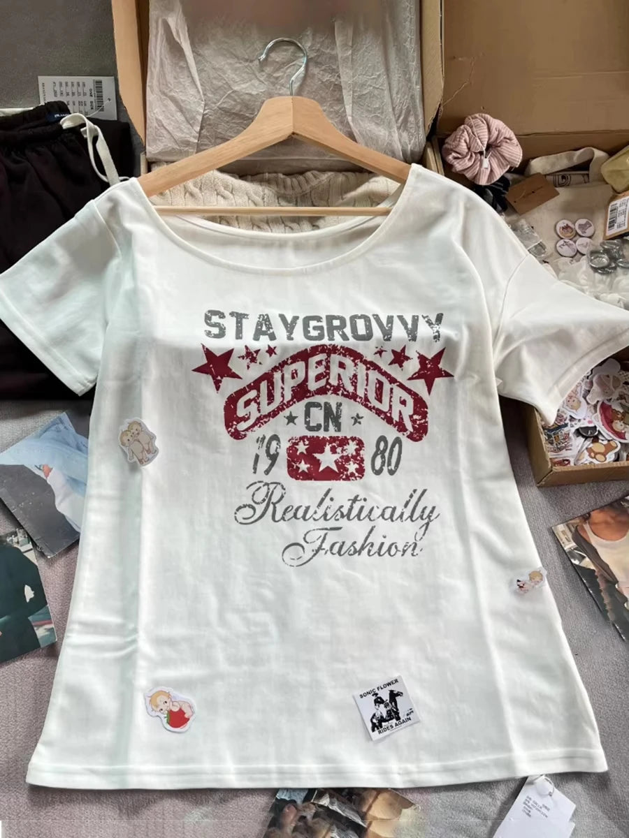 Letter Star Print Slash Neck T-shirts Women Summer New Sexy Cotton Slim Short Sleeve Tee Cute Sweet Preppy Style Tshirt Y2K Tops