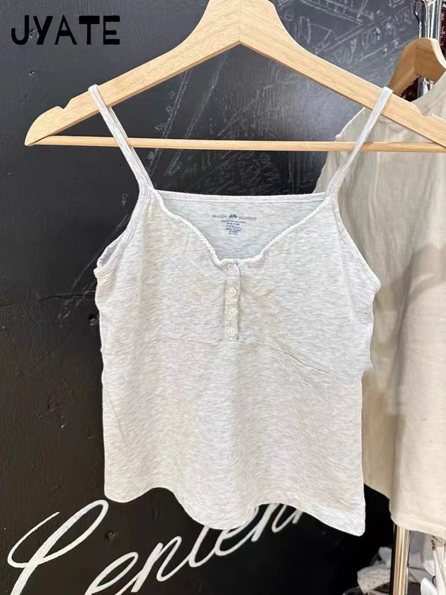 Simple Four Buttons V-neck Tank Tops Women Summer New Cotton Casual Slim Sexy Sleeveless Vests Vintage Sweet Basic Camisole Y2K