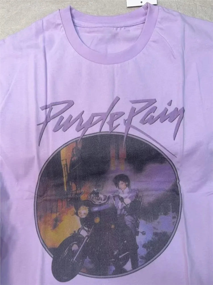 Purple Harley Motorcycle Print T-shirts Women Summer Casual Cotton O-neck Short Sleeve Tees Vintage Streetwear Chic Tee Y2K Tops