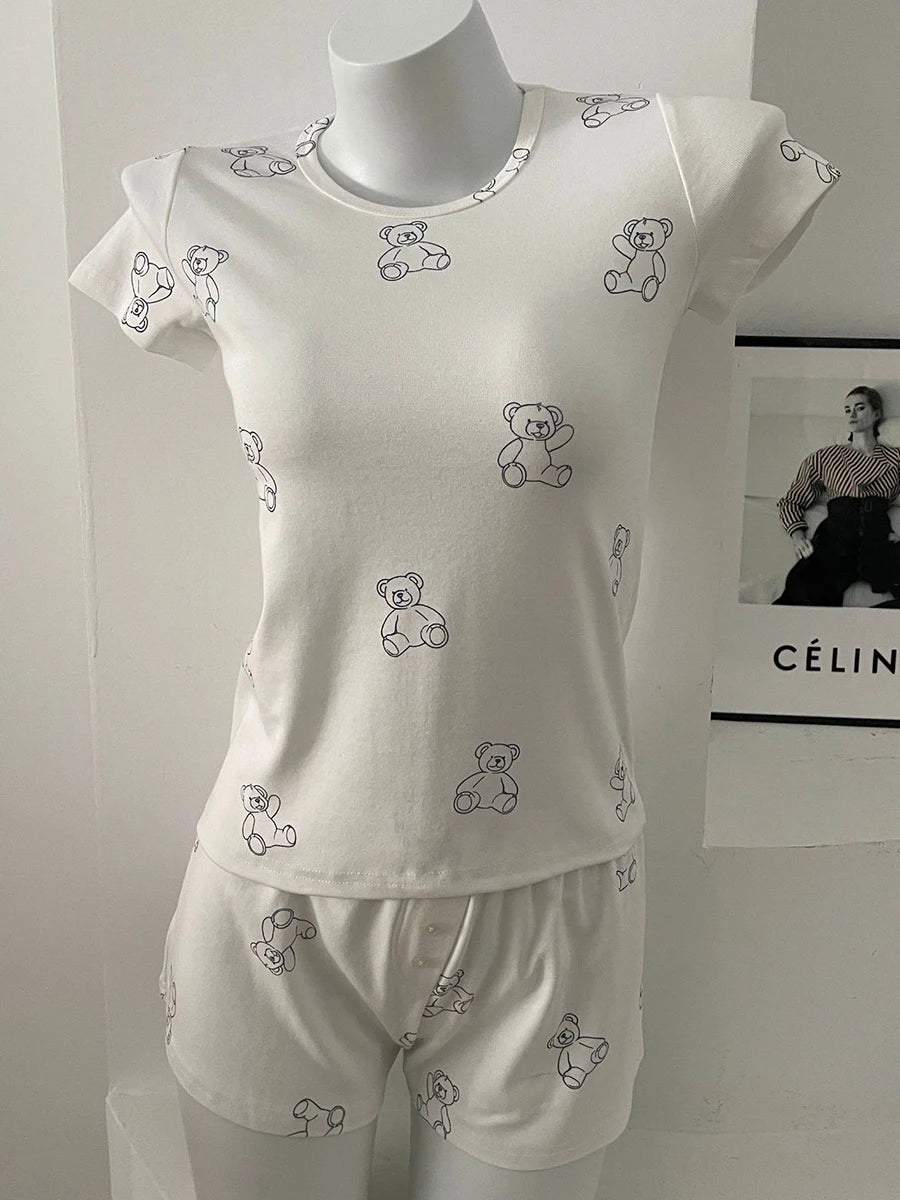 Eyelet Floral Print T-shirt Shorts Outfit Women Cotton O-neck Slim Tees +Buttons Straight Sweatshort Sweet Home 2 Pieces Set New
