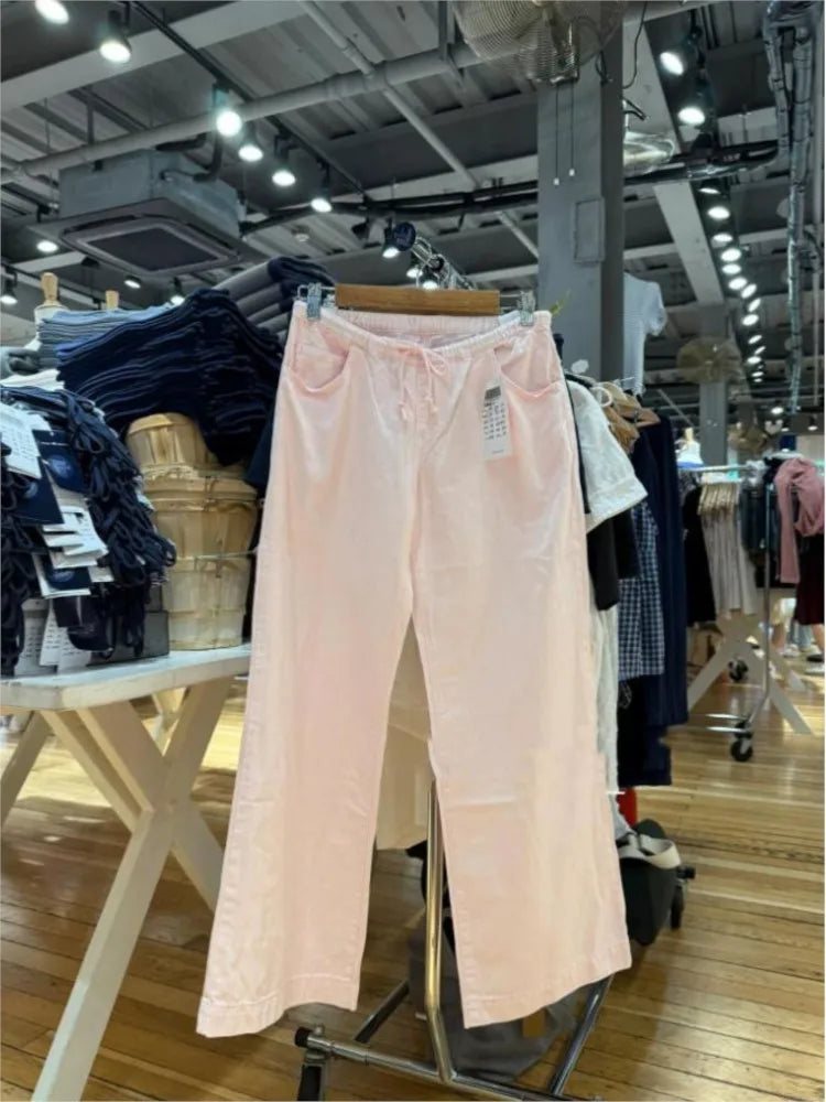 Pink Sweet Drawstring Loose Pants Women New Sexy Low Waist Pockets Straight Long Pant Baggy Cute Preppy Style Chic Trousers Y2K