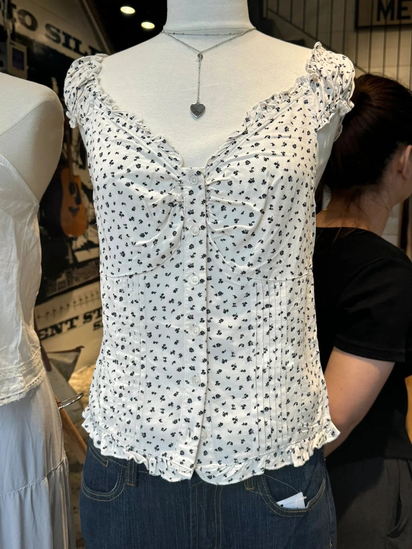 Navy Floral Folds Ruffle Sleeveless Tank Tops Women Summer New Single Breasted Blouse Top Vest Vintage Sweet Preppy Style Camis