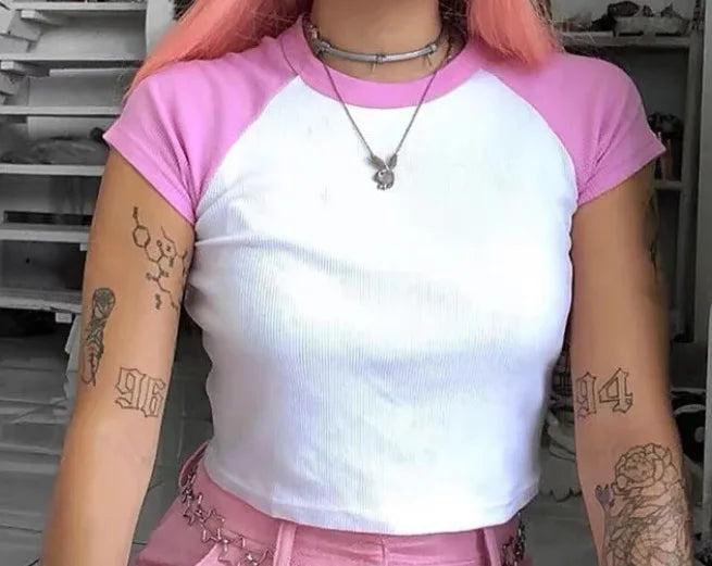 Vintage Brown Patchwork Ribbed Crop Tops Female Summer Cotton O-neck Slim Casual Short Sleeve Tee Harajuku Sweet Chic T-shirts