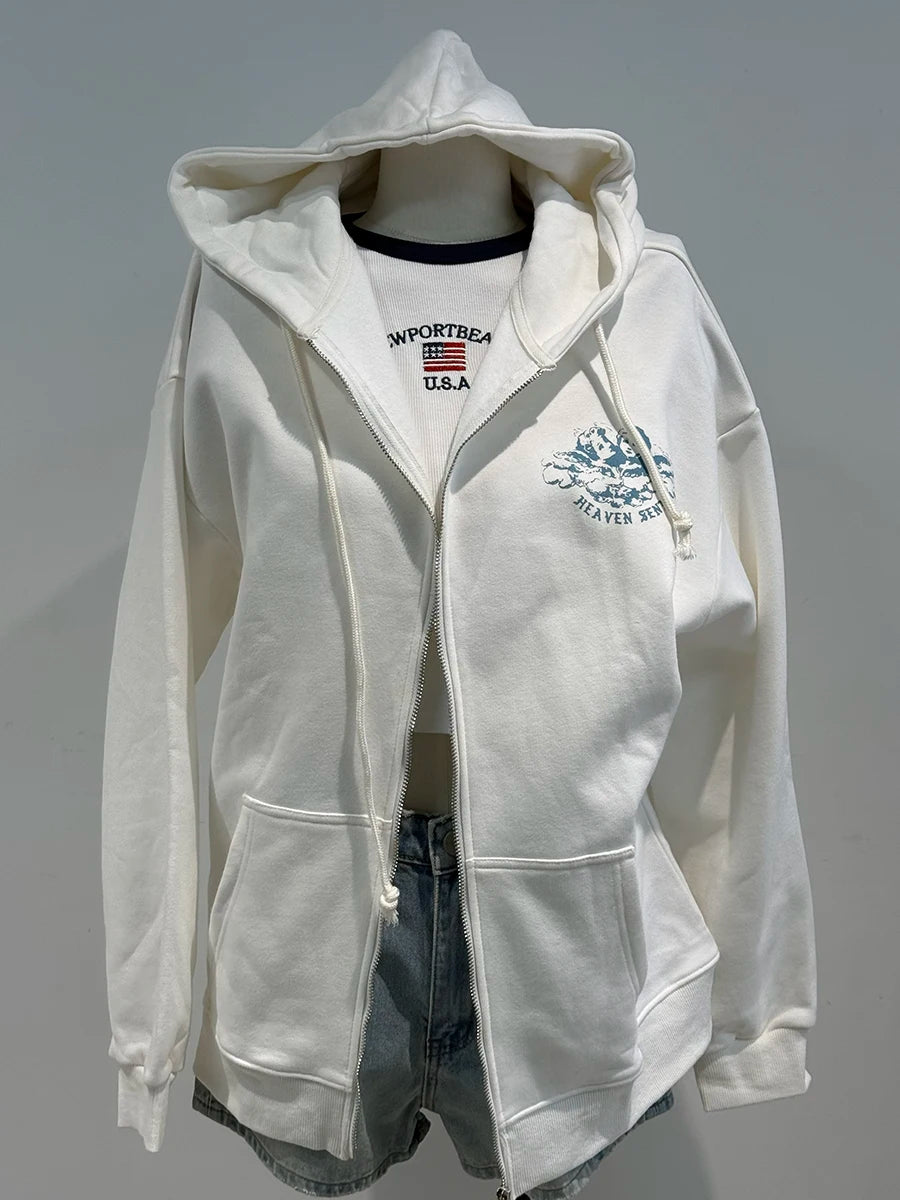 Pocket Zip-up Sweatshirts Tops Women White Cotton Casual Drawstring Pullover Coat Vintage Preppy Style Oversized Hoodie Y2K