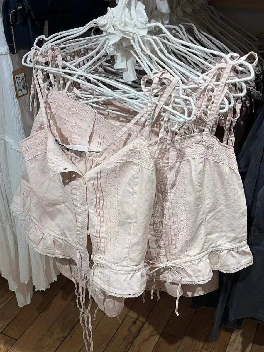 Sweet Pink Hollow Out Strappy Tank Tops Women Summer New Cotton Slim Ruffles Buttons Cropped Vests Vintage Sexy Chic Camis Y2K