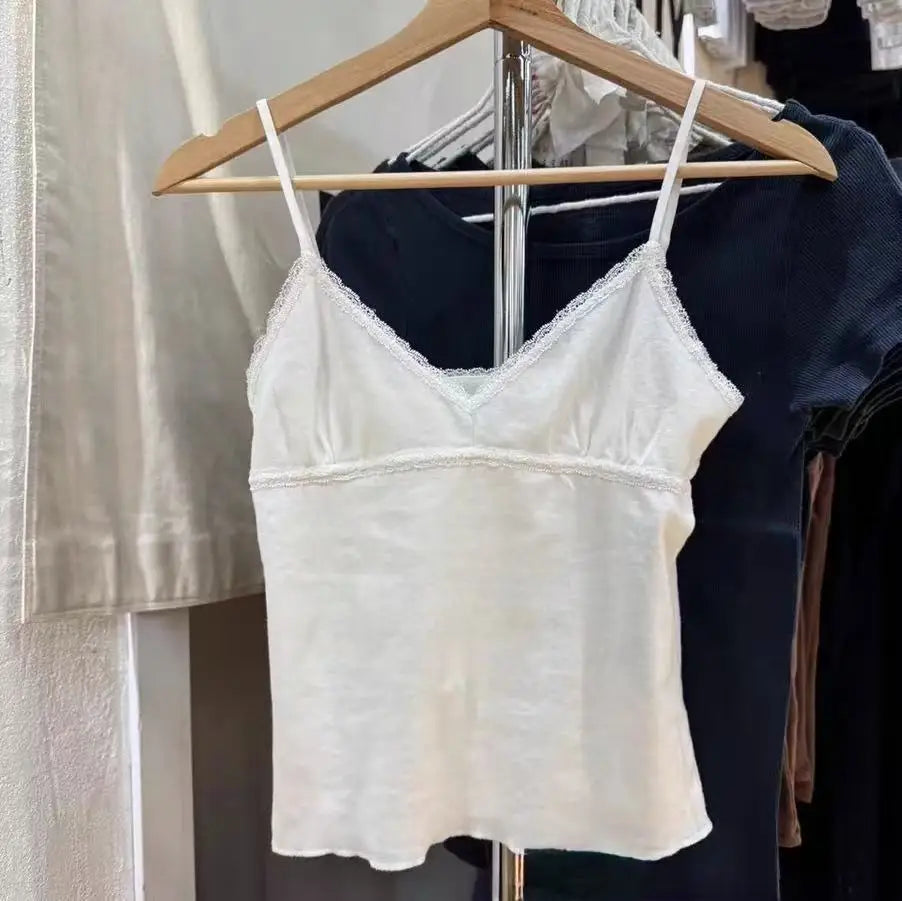 Lace Trim V-neck Camisole Women Summer Casual Slim Cotton Soft Cropped Sleeveless Vests Female Vintage Sweet Chic Tank Tops Y2K