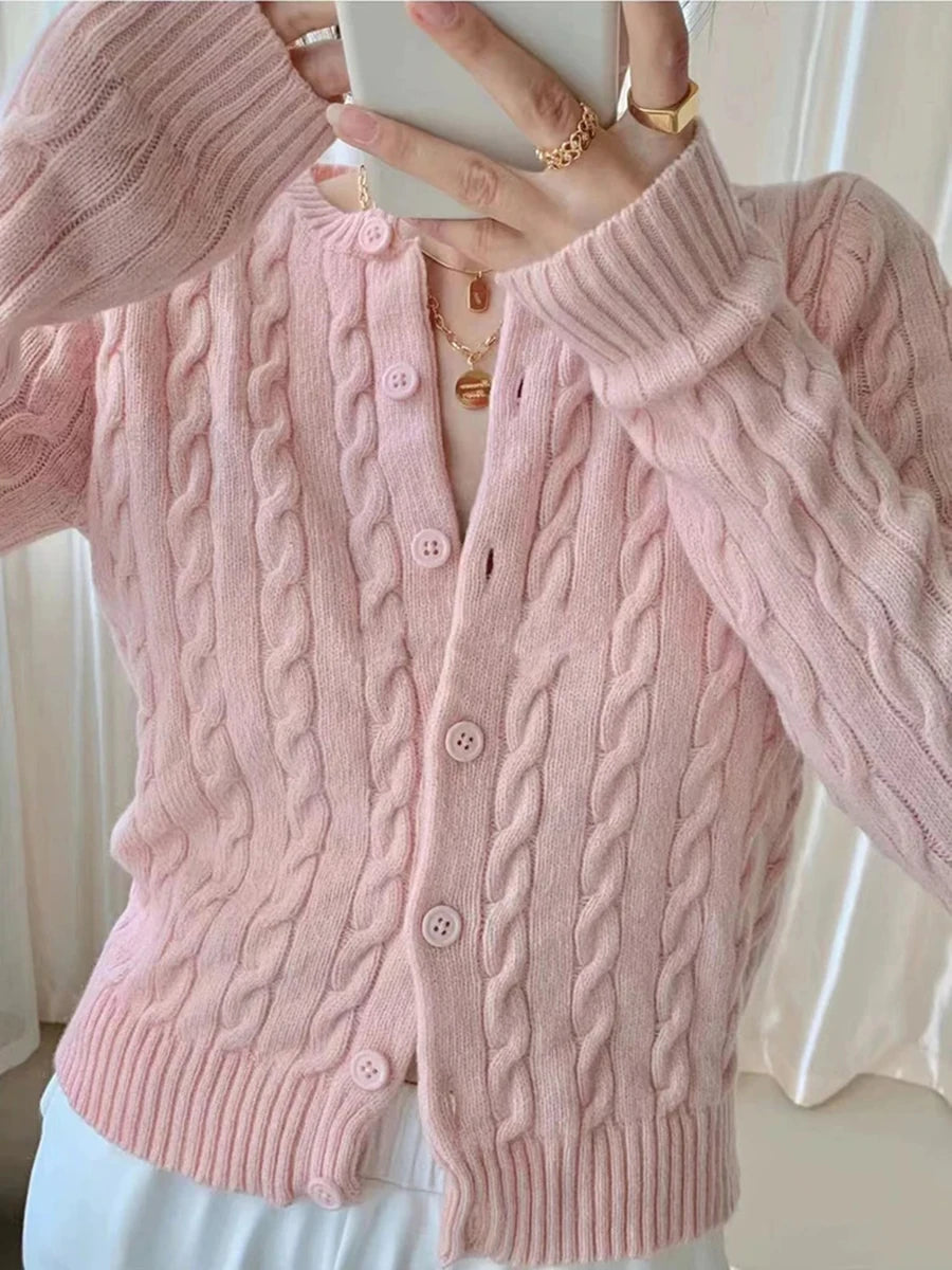 Pink Sweet Twisted Flower Slim Sweater Women Autumn Cotton Soft Single-Breasted Casual Jumper Outerwear Vintage Chic Cardigans