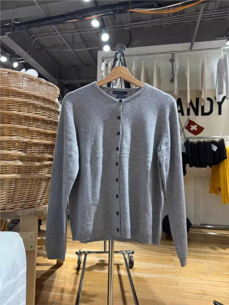 Autumn New Gray Slim Cardigans Women Chic Round Neck Long Sleeve Cotton Sweaters Female Vintage Casual Sweet Cardigan Tops Chic