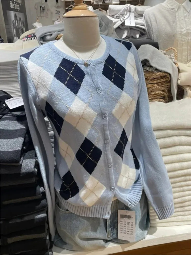 Diamond Jacquard Button Sweater Coat Women Autumn New Casual Slim Cotton O-neck Casual Jumper Tops Sweet Preppy Style Cardigan
