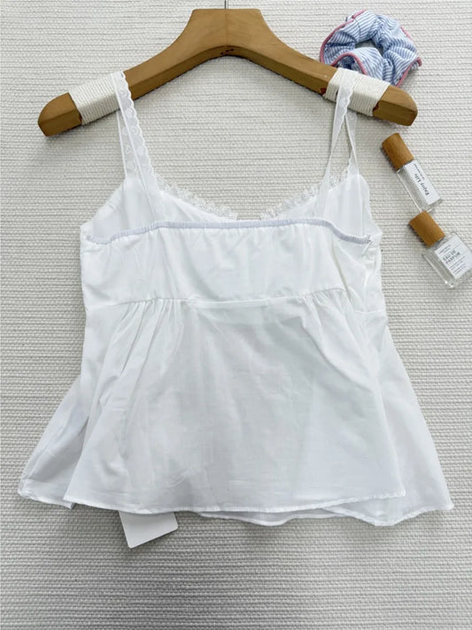 Sweet White Lace Trim Buttons Tank Tops Women Summer New Cotton Backless Sexy Slim Cropped Vests Preppy Style Chic Camisole Y2K
