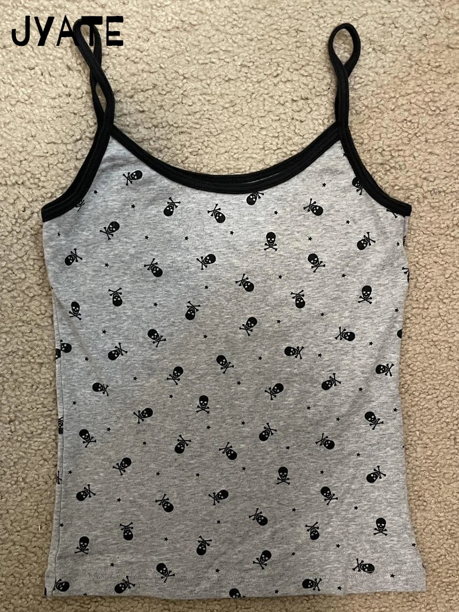 Harajuku Skull Print Patchwork Sleeveless Vests Women New Cotton Casual Streetwear Cute Tank Tops Vintage Chic Slim Camisole Y2K