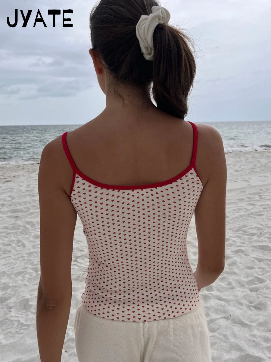 Red Hearts Print Patchwork Tank Tops Women Summer Cotton Casual Streetwear Sleeveless Vests Sweet Cute Preppy Style Camisole Y2K