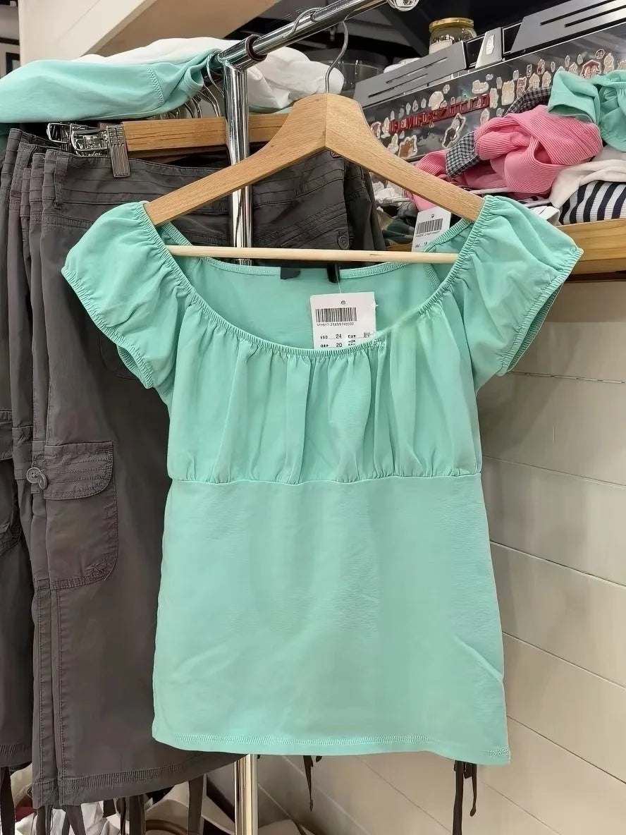 Mint Green Folds Slim T-shirts Women Summer Vintage Square Collar Cotton Puff Sleeve Tees Female Aesthetic Sweet Cute Y2K Tops