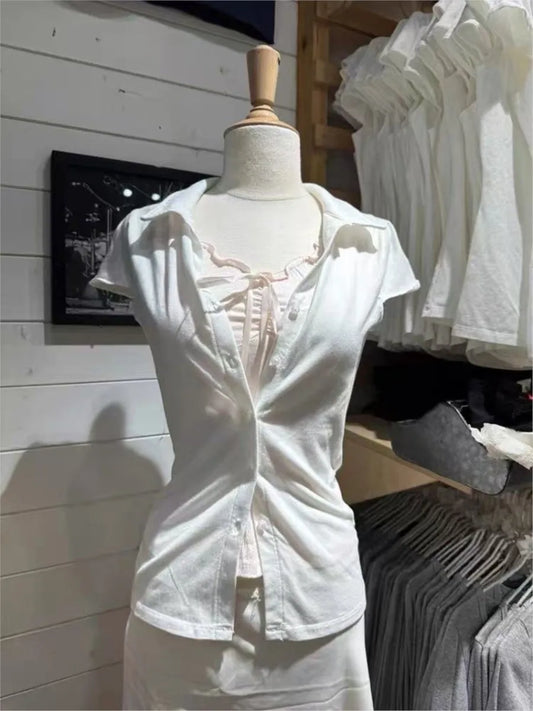White Buttons Short Sleeve Tees Women Summer Cotton Soft Turn Down Collar Preppy Style Tops Blouse Sweet Chic All-match T-shirts
