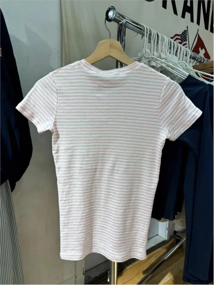 Sweet Pink Striped Slim T-shirt Women Spring Round Neck Cotton Short Sleeve Tee Shirts Female Cute Preppy Style Y2K T shirts New