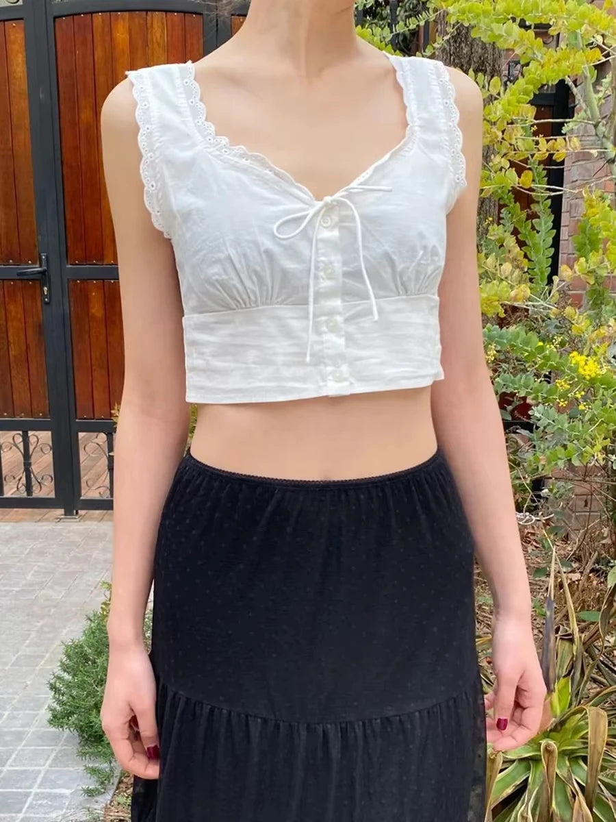 White Lace Trim Slim Tank Tops Women New Lace-up V-neck Single Breasted Sleeveless Crop Top Sweet Simple Basic Cropped Vest Y2K