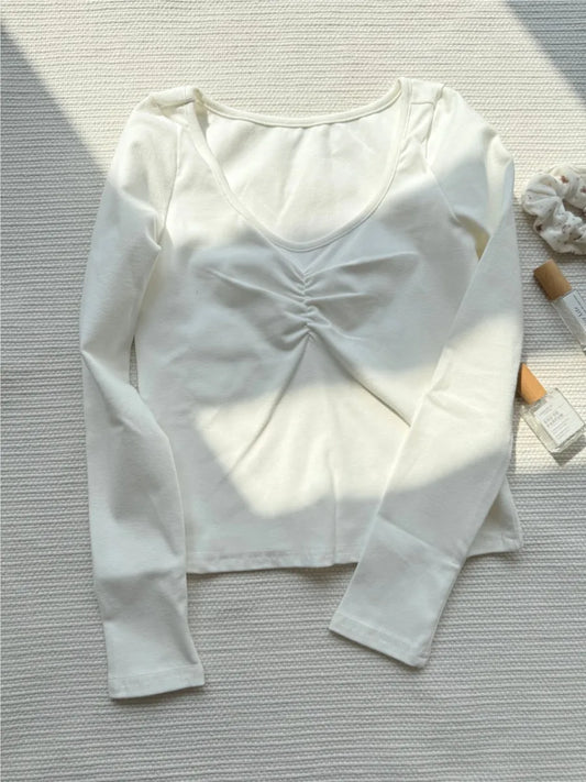 White Sexy Folds Long Sleeve Crop Top Women New Crew Neck Cotton Slim Simple Basic T-shirts Female Sweet Chic Cropped Tees Tops