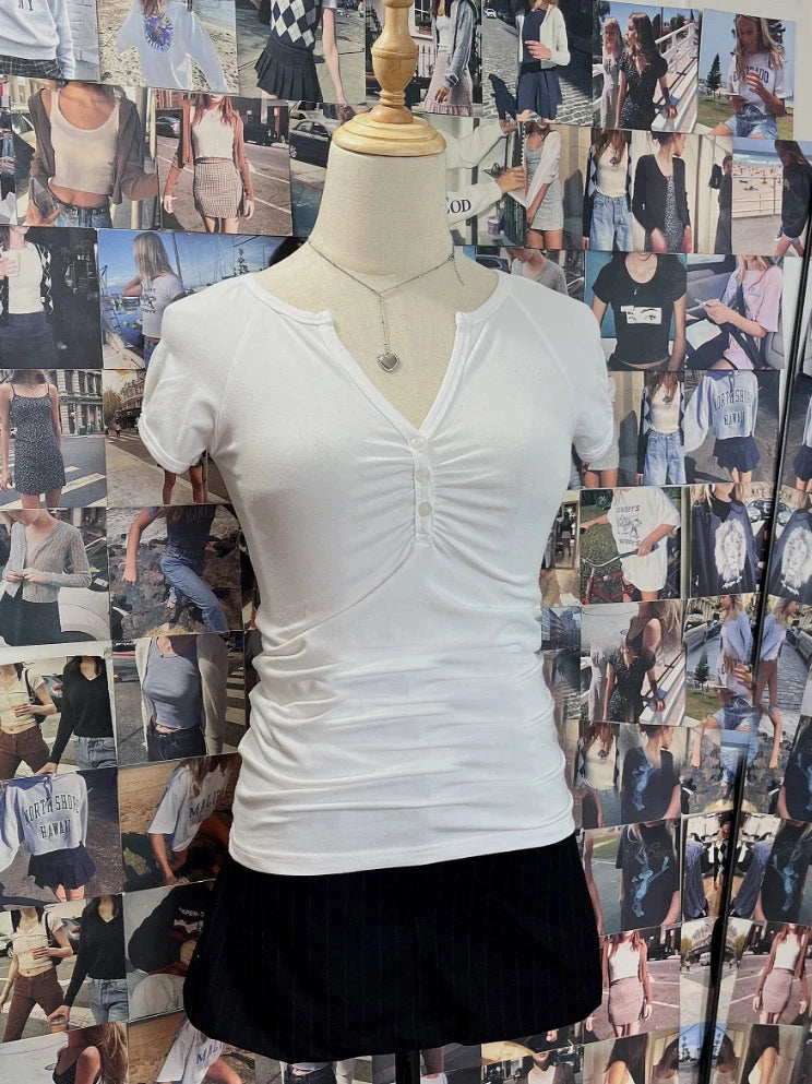 White V-neck Buttons T-shirts Women Simple All-match Casual Cotton Slim Short Sleeve Tee Sweet Cute Preppy Style Tshirt Y2K Tops