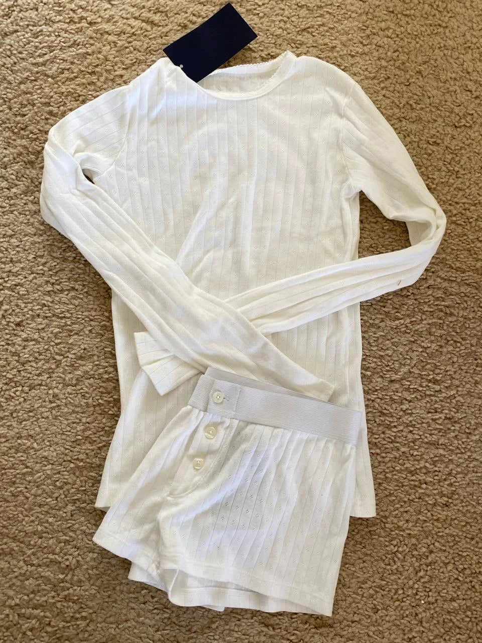 Sweet Eyelet Long Sleeve T-shirt Shorts Set Women Cotton Buttons Home Pajama 2 Piece Sets Slim Tees+Elastic Straight Sweatshort