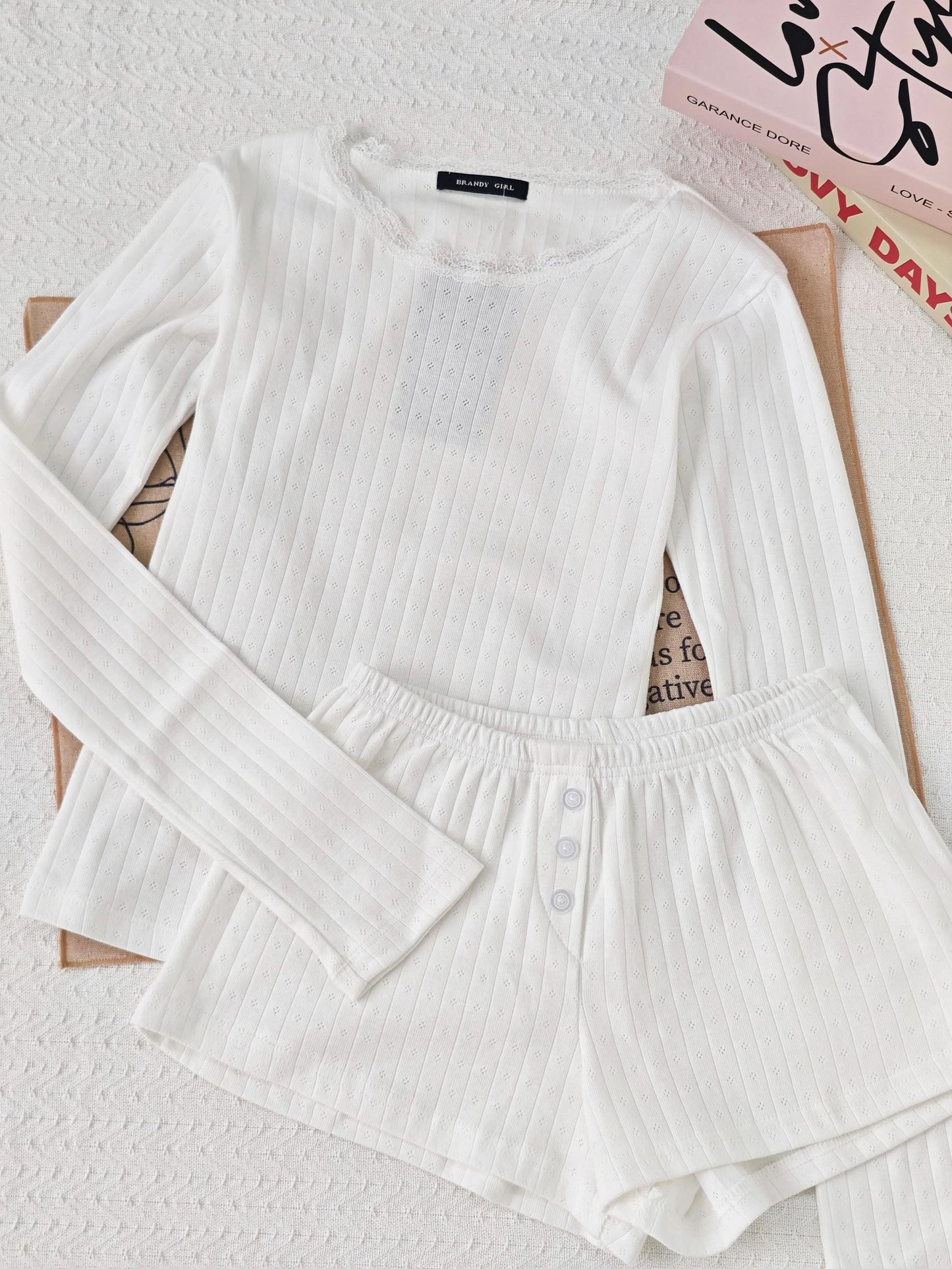 Sweet Eyelet Long Sleeve T-shirt Shorts Set Women Cotton Buttons Home Pajama 2 Piece Sets Slim Tees+Elastic Straight Sweatshort