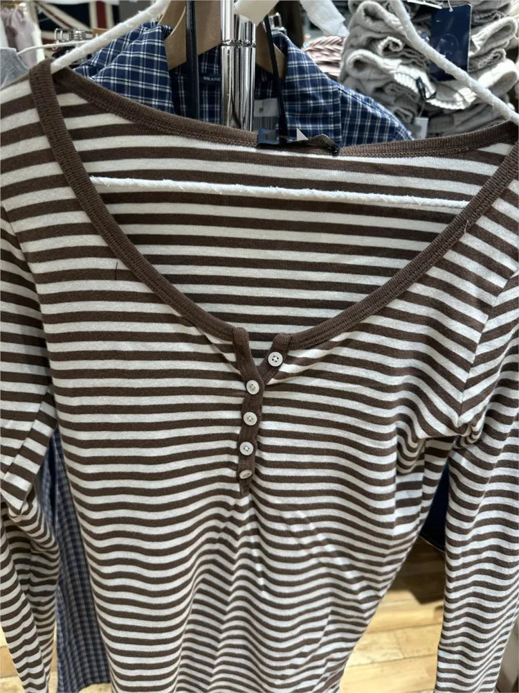 Brown Striped Buttons T-shirts Women Casual Chic Cotton Patchwork Long Sleeve Tees Vintage Preppy Style Slim Tshirt Y2K Tops New
