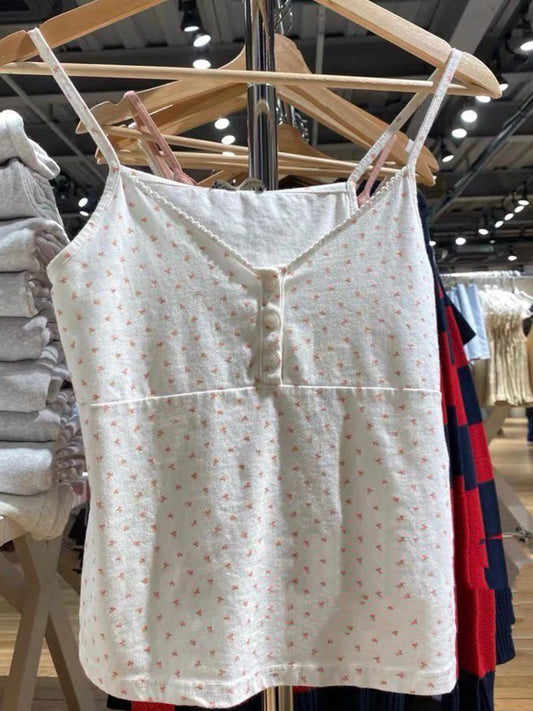 Sweet Floral Print Lace Trim Crop Top Women Summer Button Casual Cotton Slim Sleeveless Vests Female Vintage Cute Chic Y2K Camis
