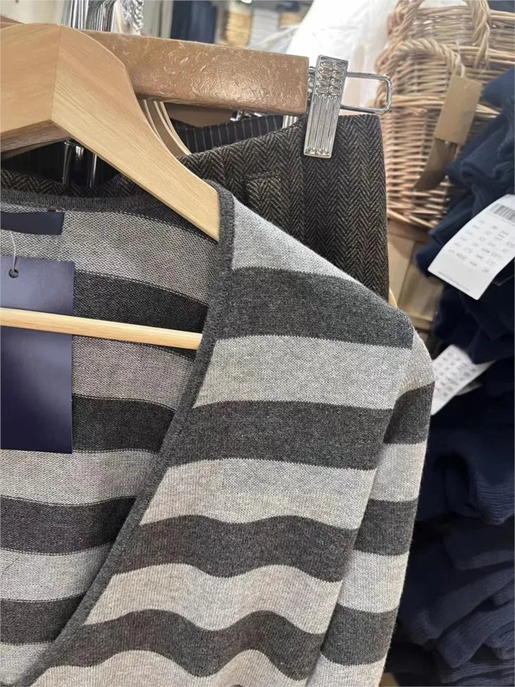 Striped Lace-up T-shirt Cardigan Spring Cotton V-neck Slim Long Sleeve Wrap Smock Female Vintage Sweet Crop Tops New Knitwear