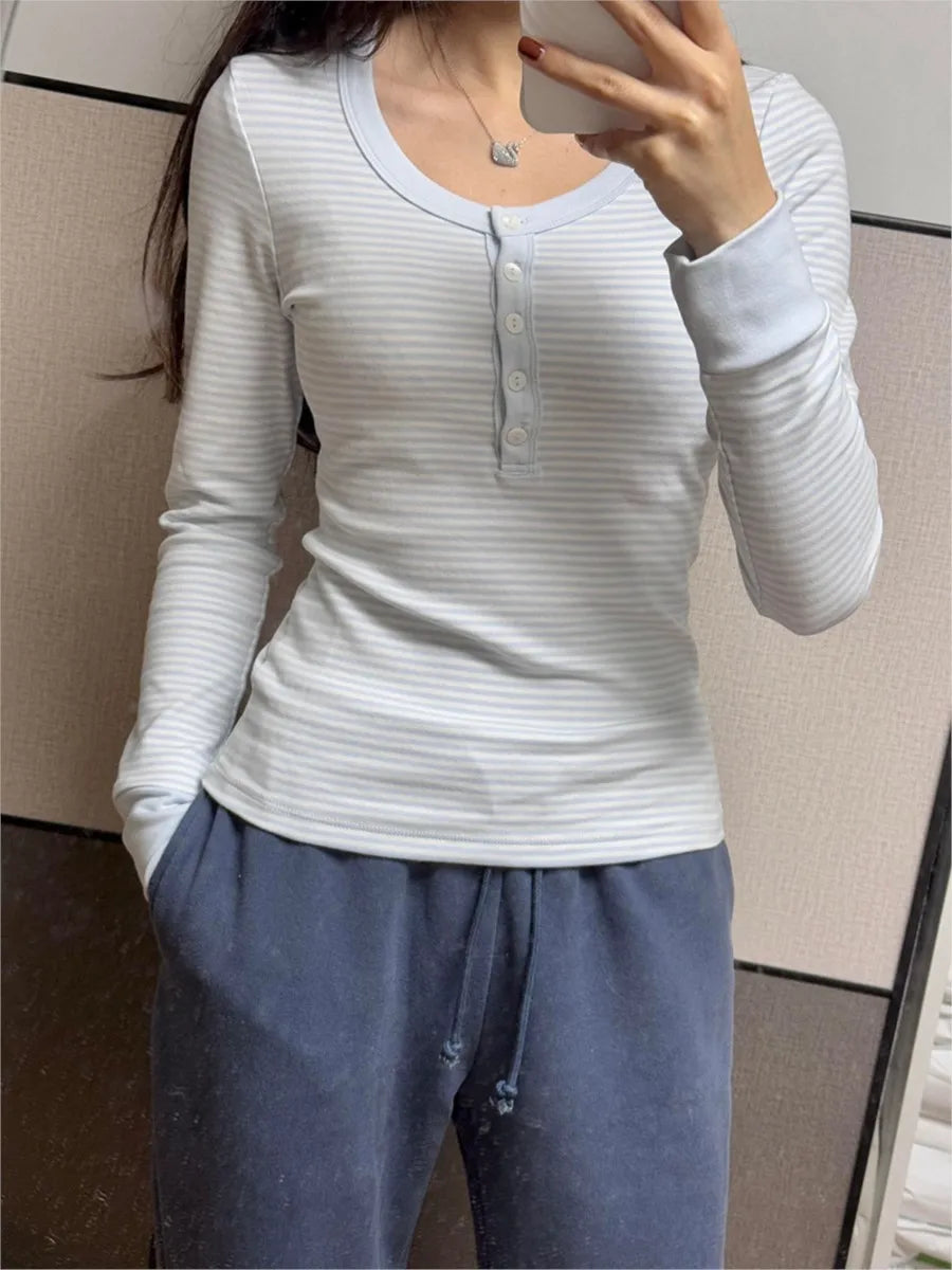 Blue Striped Patchwork Slim T-shirt Women Buttons O-Neck Cotton Long Sleeve Tee Sweet Preppy Style Cute Tshirt Y2K Top Clothes