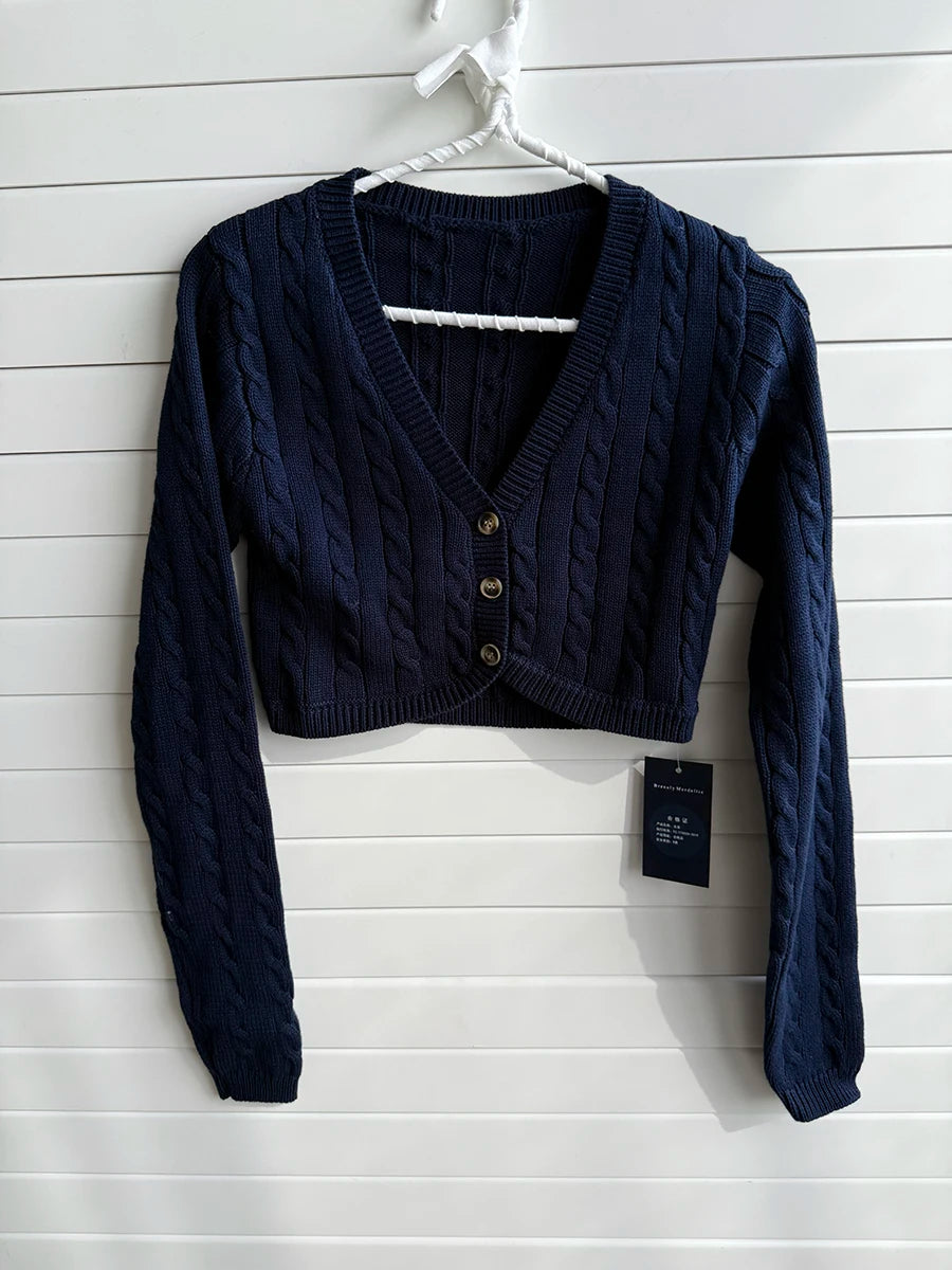 White Cable Knit Cropped Cardigan Women Sexy Chic V-neck Slim Long Sleeve Sweaters Vintage Preppy Style Knitwear Y2K