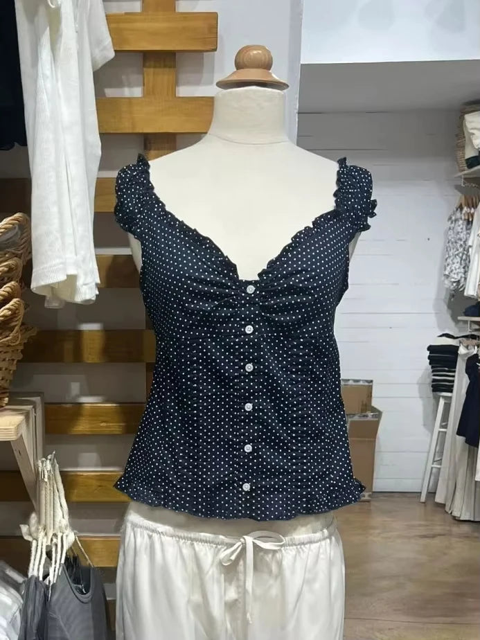 Navy Floral Folds Ruffle Sleeveless Tank Tops Women Summer New Single Breasted Blouse Top Vest Vintage Sweet Preppy Style Camis