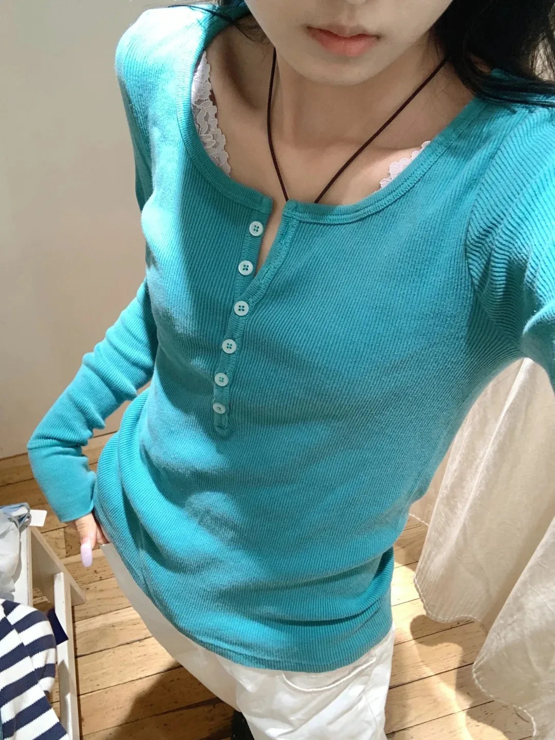 Green Vintage Ribbed Long Sleeve Tee Women's Autumn Six Button Cotton Casual Patchwork Slim T-Shirts Simple Chic Streetwear Tops