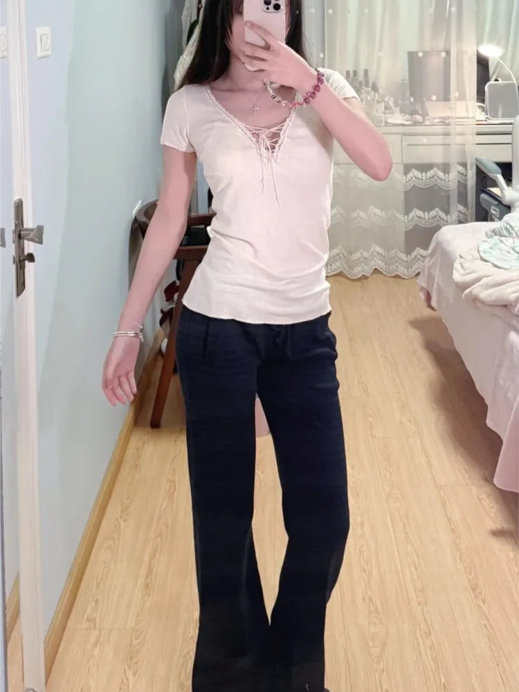 Pink Lace Trim Slim T-shirts Women Summer Streetwear Cotton Lace-up V-neck Short Sleeve Tees Cute Sweet Simple Chic Tshirts