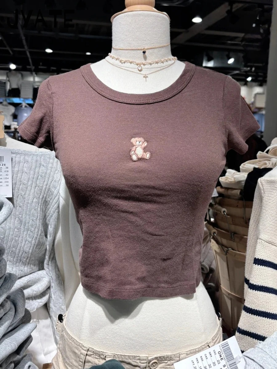 Fashion Heart Bear Embroidery Crop Tops Women 2024 New Cotton Casual Streetwear Short Sleeve Tee Vintage Sweet Cute T-shirts Y2K
