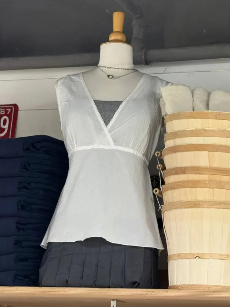 Lace Trim Deep V-neck Tank Tops Women Summer White Cotton Back Lace-up Slim Sleeveless Tees Sexy Sweet Preppy Style Vest Y2K