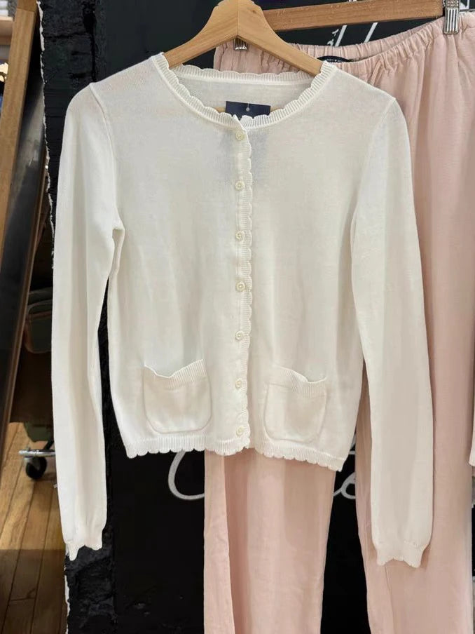 Gray Pockets Knitted Sweater Cardigan Women Autumn Cotton Round Neck Long Sleeve Sweaters Sweet Preppy Style Knitwear Y2K Tops