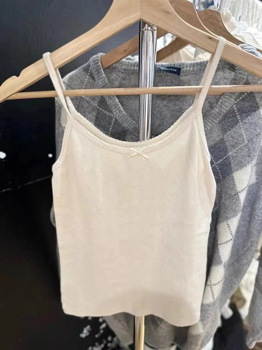 Beige Heart Hollow Out Bow Tank Tops Women Summer Cotton Slim Casual Street Sleeveless Vests Female Vintage Sweet Cute Y2K Camis
