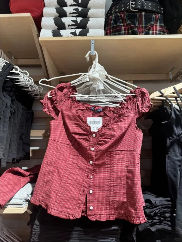 Vintage Red Plaid Folds Blouse Top Women Casual Single Breasted Ruffle Sleeveless Tank Tops Vest Sweet Preppy Style Camisole Y2K