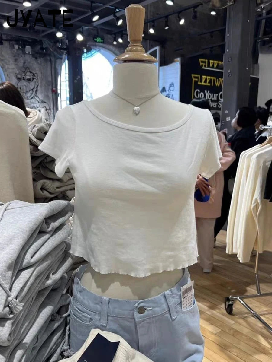 White Raw Hem Simple Crop Tops Women 2024 New Cotton Casual Cute Preppy Style Short Sleeve Tees Vintage Basic Chic T-shirts Y2K