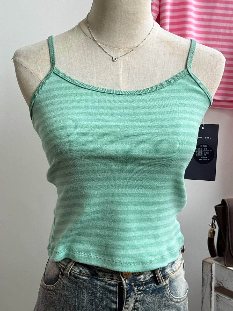 Blue Striped Eyelet Tank Tops Women Summer Y2K Cotton Soft Bow Lace Trim Sleeveless Vests Sweet Cute Preppy Style Camisole New