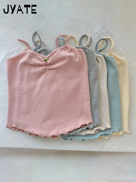 New Sweet Tie Flowers Fungus Trim Camis Women Cotton Streetwear Slim Simple Cropped Vests Cute Basic Preppy Style Tank Tops Y2K
