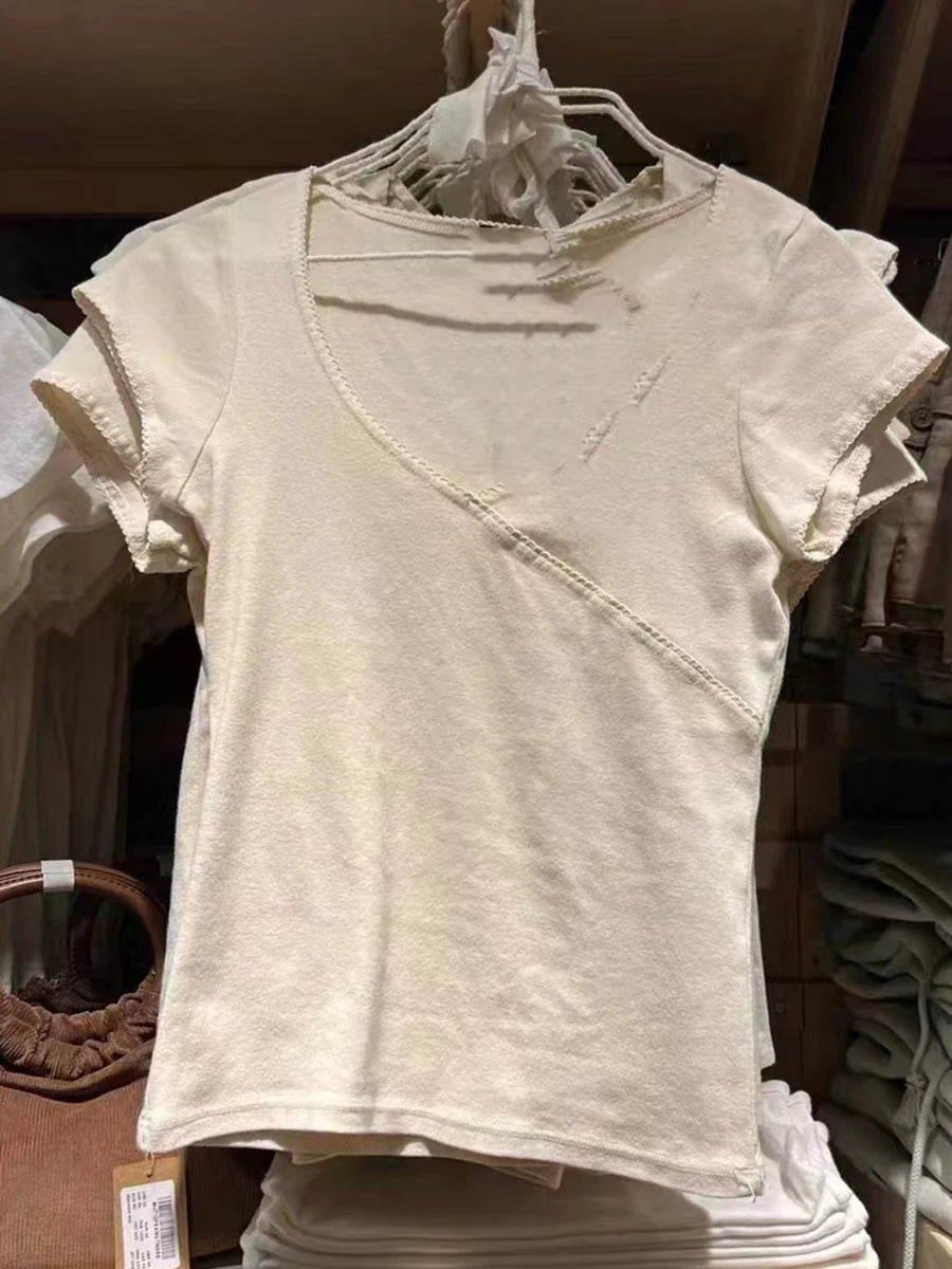 Simple Lace Trim Waffle T-shirts Women Summer New Solid Sexy V-neck Cotton Short Sleeve Tees Harajuku Vintage Chic Y2K Crop Tops