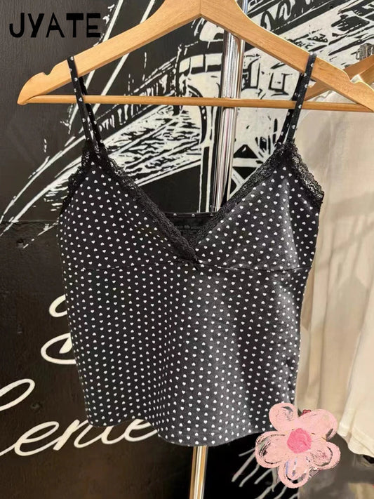 Harajuku Heart Print Lace Trim Black Camisole Women Summer New Cotton Sexy Slim V-neck Cropped Vest Vintage Chic Sweet Tank Tops